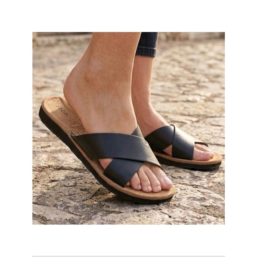 Izod Alyssa Black Cross-Strap Slide Sandals